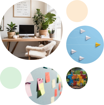 Home Office, paper airplanes, sticky notes and puzzle pieces