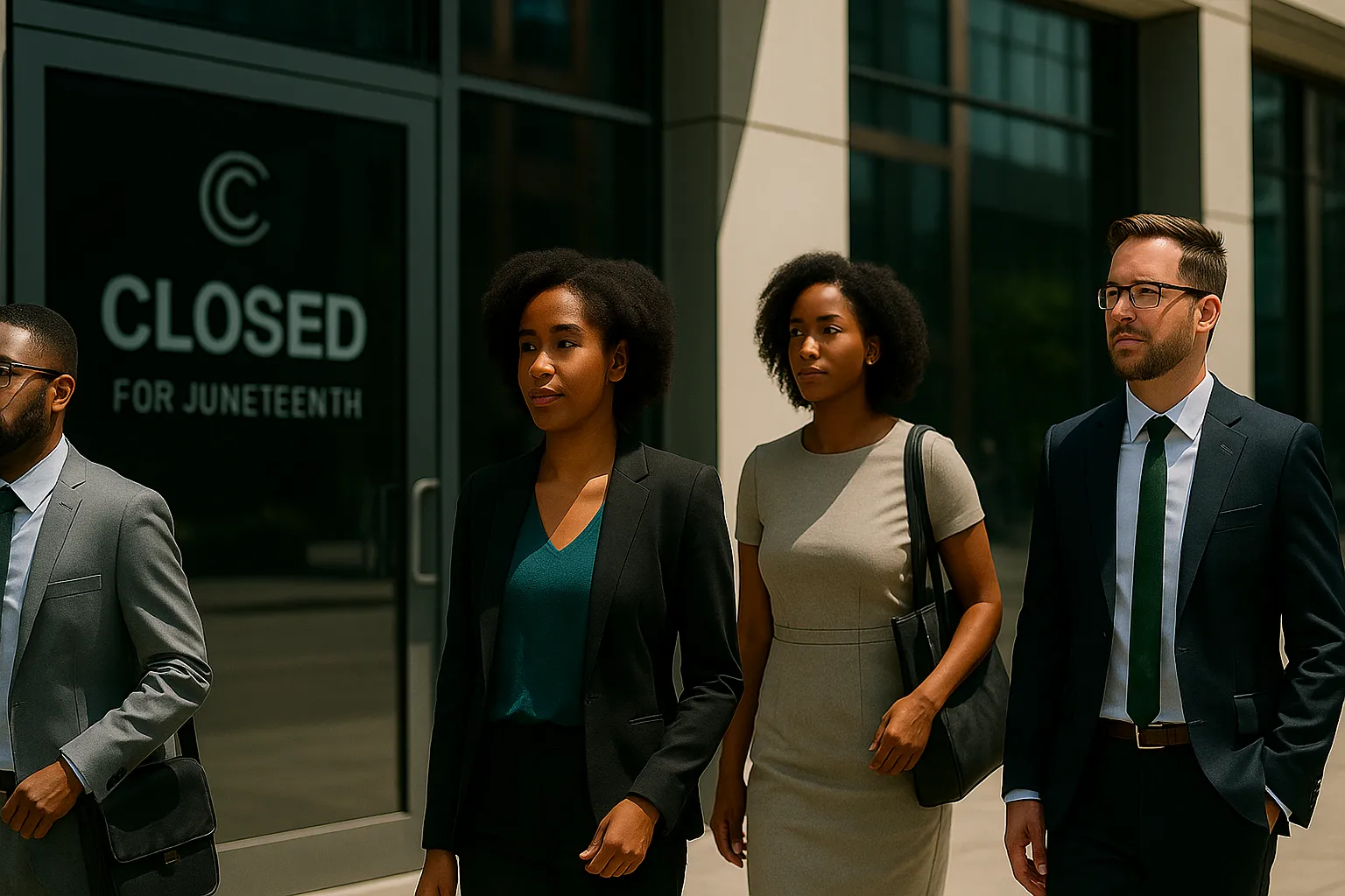 Professionals exit an office marked “Closed for Juneteenth," proof that paid recognition boosts employer brand.