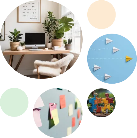 Home Office, paper airplanes, sticky notes and puzzle pieces